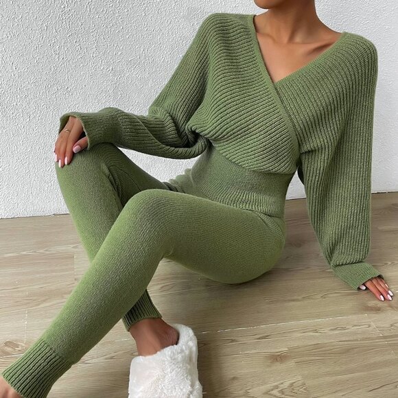 Overlap Collar Dolman Sleeve Sweater & Knit Pants Army Green - Picture 4 of 5